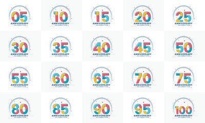 Anniversary Logo Bundle. Set of modern Anniversary celebration logos. 5th, 10th, 15th, 20th, 25th, 30th, 35th, 40th, 45th, 50th, 55th, 60th anniversary celebration logo bundle.