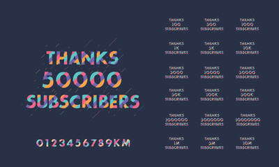 Thanks Subscribers Greeting card bundle. Thanks 1000, 1k, 10000, 10k, 50k, 1M, 5M Subscribers celebration social media bundle design.