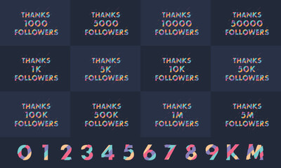 Thanks Followers Greeting card bundle. Thank you 1000, 1k, 10000, 10k, 50k, 1M, 5M Followers celebration social media bundle design.