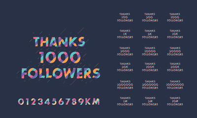 Thanks Followers Greeting card bundle. Thank you 1000, 1k, 10000, 10k, 50k, 1M, 5M Followers celebration social media bundle design.