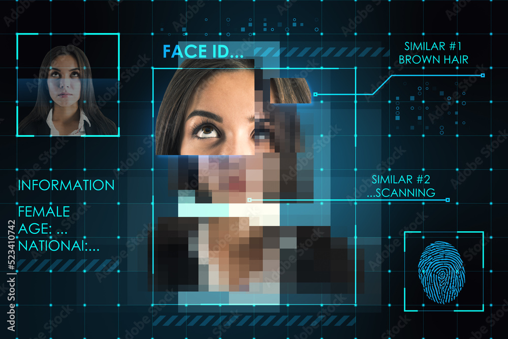Poster Abstract image of caucasian female face ID scanning. Digital scan and biometric recognition.