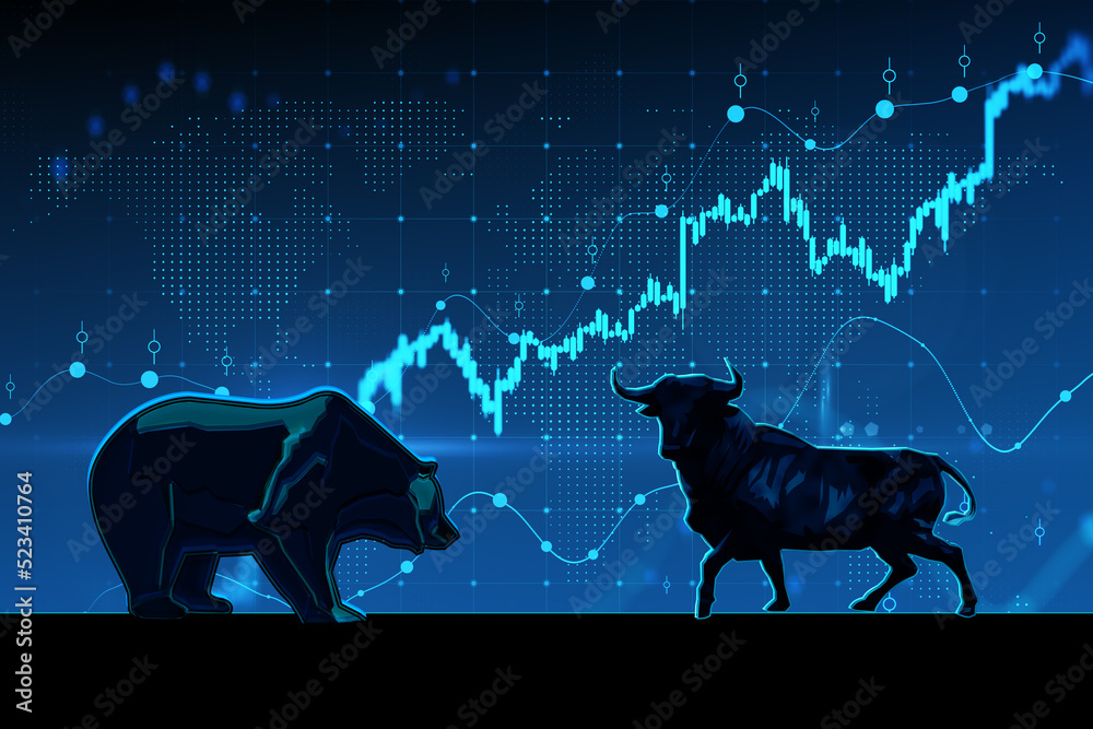 Poster creative abstract bearish and bullish forex chart on blurry backdrop. stock market exchange and fina