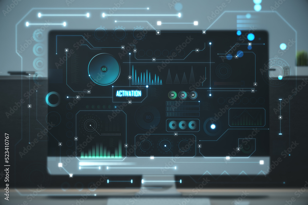 Poster Close up of large computer monitor on workplace with abstract glowing dark digital business interface with various icons. Diagnistics, activation and tech data anlysis concept. Double exposure.