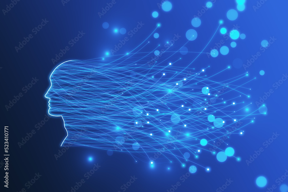 Poster Abstract digital head outline with glowing lines and blurry bokeh circles on blue wallpaper. Technology, future, ai and machine learning concept. 3D Rendering.