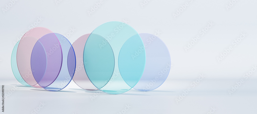 Poster Abstract wide colorful round glass on white background with mock up place. Decor and design banner concept. 3D Rendering.