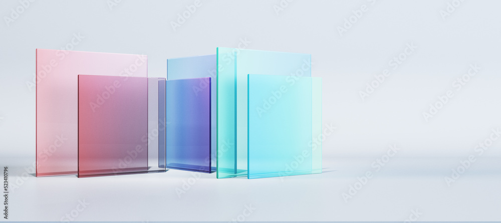 Aufkleber Abstract colorful square glass on wide white background with mock up place for advertisement. Decor and design banner concept. 3D Rendering.
