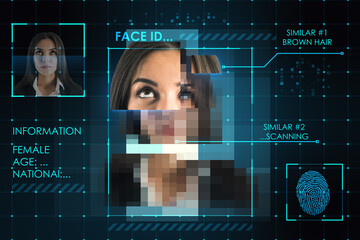 Abstract image of caucasian female face ID scanning. Digital scan and biometric recognition.