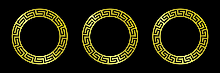 Golden greek circle frames set. Vintage ornaments on black background.