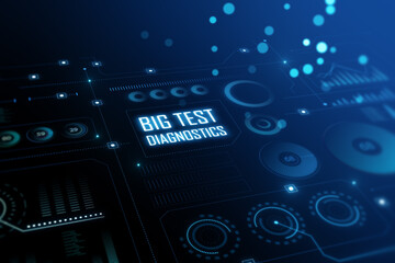 Obraz premium Abstract glowing dark digital business interface with various icons wallpaper. Diagnistics, activation and tech data anlysis concept. 3D Rendering.