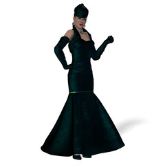 Dark Green Gown - During the 1940s and 1950s long evening gloves were in fashion with statement jewelry and long gowns.