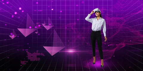 Fototapeta na wymiar Thoughtful young european businesswoman with VR glasses standing on creative glowing wide purple metaverse background. Cyberspace, augmented reality, future and technology concept.