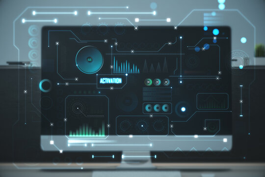 Close Up Of Large Computer Monitor On Workplace With Abstract Glowing Dark Digital Business Interface With Various Icons. Diagnistics, Activation And Tech Data Anlysis Concept. Double Exposure.