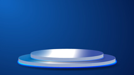 Table, podium, presentation monitor. Portal and hologram futuristic Neon color circle elements.