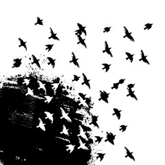 Background with flying birds and black blot. Vector illustration
