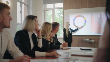 businesspeople are listening to report of female financial analyst in business forum or seminar