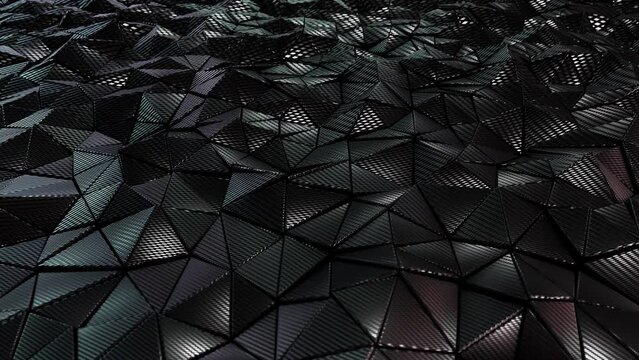 Realistic looping abstract DOF camera 3D animation of the dark moving carbon fiber triangles pattern rendered in UHD as motion background