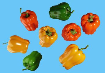 Bulgarian pepper. Multi-colored peppers in different positions. Fresh vegetables for salad preparation. Visualization of bell pepper on turquoise. Red, yellow and green paprika. 3d image.