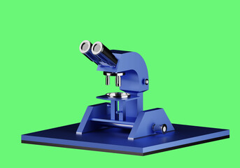 Medical workers microscope. Equipment for doctor. Blue microscope in minimalist style. Device for multiple increase. Doctors microscope on green background. Scientific equipment. 3d rendering.
