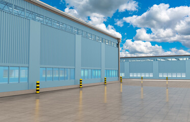 Industrial Zone. Identical hangars are located side by side. Industrial area in summer weather. Concrete platform in front of buildings. Two hangars with metal-clad walls. 3d rendering.