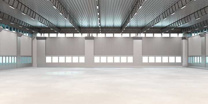 Empty warehouse. Empty building for storage. Background from empty warehouse hangar. Place to store manufactured products. Warehouse rental concepts. Hangar with square windows. 3d image.