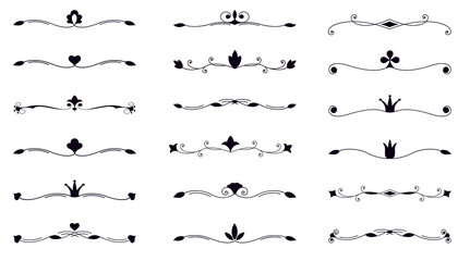 Dividers decor set. Collection of classic vintage separators. Vector black linear text dividers on a white background. Outlines label a set of border elements.
