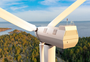 Wind turbine. Windmill view from quadcopter. Wind generator close-up. Wind turbine blades against blue sky. Offshore power plant. Getting ECO electricity. Green energy. 3d rendering.