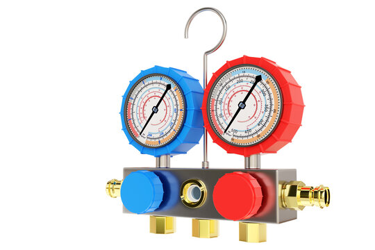 Air conditioning equipment. Freon pressure sensors. Air conditioner monometers on white. Spare parts for climate control. Freon presence indicator detector. Air conditioning technology. 3d rendering.
