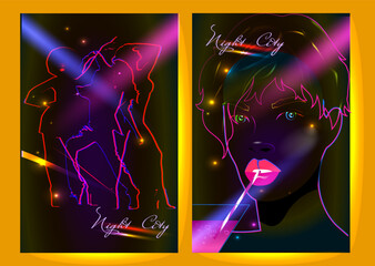 set of bright posters for a night party with neon lights effect. 