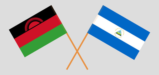 Crossed flags of Malawi and Nicaragua. Official colors. Correct proportion