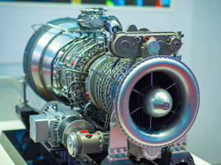 Marine dual-fuel gas turbine engine. Engineering equipment. Turbine close up. Heavy industry...