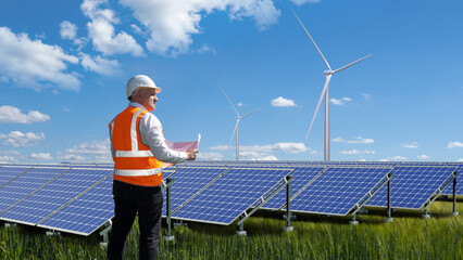Solar and wind generators. ECO power plant architect. Man in field with solar panels. Windmills...