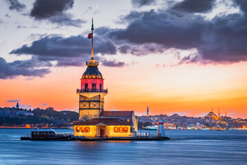 Istanbul, Turkey - Beautiful sunset over Bosphorus, Maiden Tower.