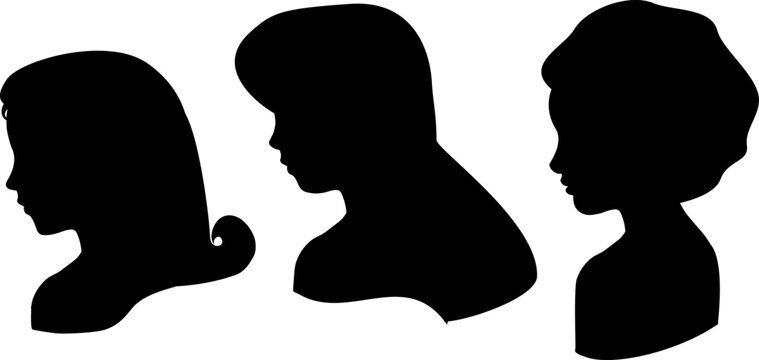 Vector. Silueta de retratos de perfil de tres mujeres diversas juntas tipo cartoon. Ilustraci&oacute;n negra sobre fondo blanco.