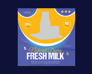 Fresh organic natural milk social media post design or dairy farm product sale Instagram web banner template