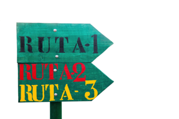 Signaling or arrows indicating routes, paths or directions, in wood painted green with a transparent background. Three routes in black, red and yellow colors, in Spanish