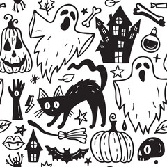 Monochrome seamless pattern of horror Halloween hand drawn doodle elements. Halloween background of magic elements. Pumpkins, ghost, skull, black cat, pot, hat.