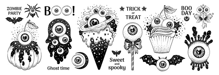 Zombie psychedelic Halloween candy. Eyeball sketch icon. Hand drawn sweet vintage vector. Doodle retro eye bar. Ice cream, lollipop, gummy, chocolate, toffee. Ghost and witch Halloween kid candy art