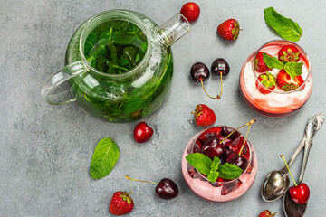 Delicious Italian dessert panna cotta with sweet cherry sauce, fresh berries and mint leaves