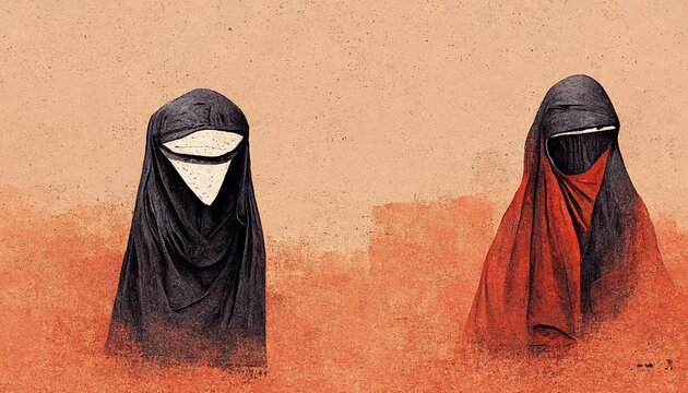 Beautiful Muslim Women with Niqab, niqāb or niqaab also called a ruband. Conceptual digital illustration of Islamic Women in Niqab