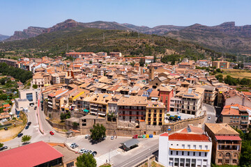 Aerial photo of La Pobla de Segur. Spanish town in province of Lleida from above.