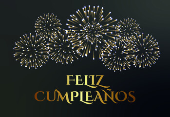 tarjeta o pancarta en feliz cumpleaños en oro detrás de un fuego artificial de color dorado sobre un fondo degradado negro y gris