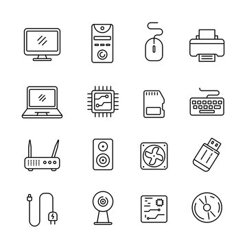Set of computer hardware icon in linear style isolated on white background