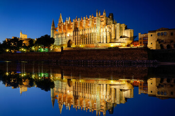 Reflection Palma Cathedral (La Seu) (14th-16th centuries) .Palma.Mallorca.Baleares.Spain. 