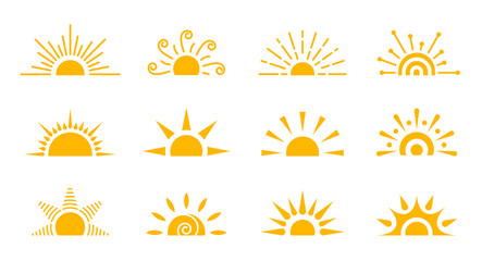Half sun flat icon set. Logo sunrise sunset isolated on white. Various yellow sunshine star. Cartoon summer sunlight nature sky. Simple graphic solar circle sign. Sunny heat rays weather app symbol