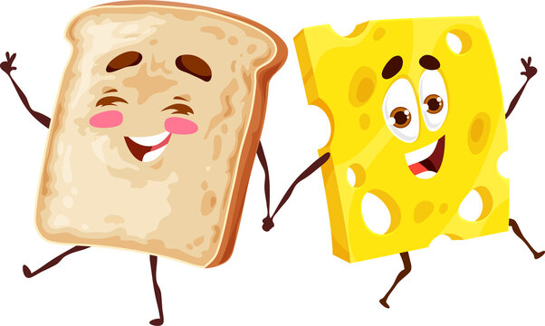 Cartoon toast bread and cheese funny characters