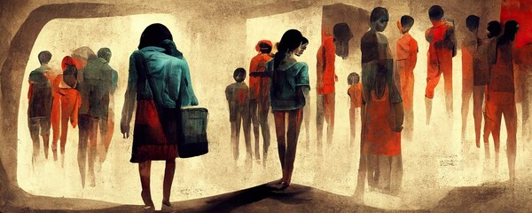 Kidnapping and human trafficking, violence against women, human slavery, forced prostitution, sexual abuse with the aim of exploiting them for profit - obrazy, fototapety, plakaty