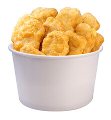 Fried nugget in paper bucket, Fried chicken nugget on white paper bucket png file.