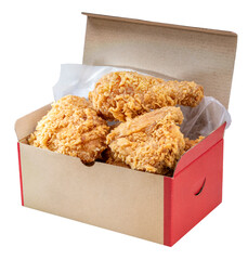 Fried chicken in paper box isolated on white background, Fried chicken in paper box png file.