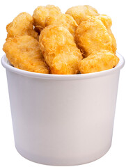 Fried nugget in paper bucket, Fried chicken nugget on white paper bucket.
