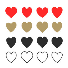 Heart icons. Red hearts,  gold and black colors. Solid and outline shapes. Flat and line design. Vector heart symbols set isolated on white background